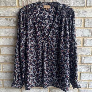 KACHEL Floral 100% Silk Long Sleeve Split V-Neck Blouse Women's Size 10